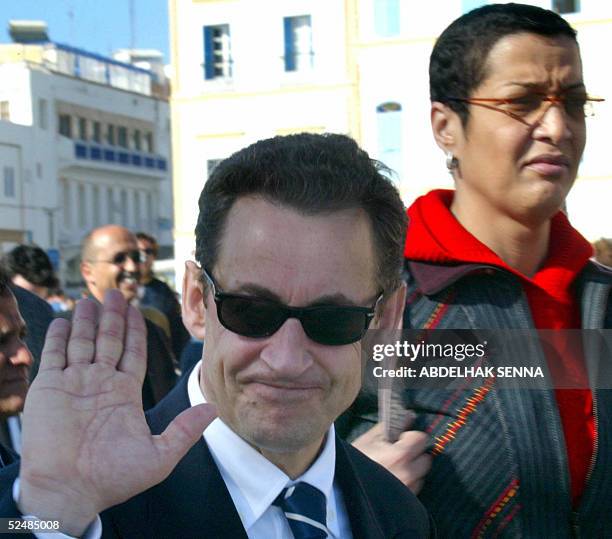 French ruling UMP party President Nicolas Sarkozy visits the touristic coastal city of Essaouira, accompanied by Morocco's only female mayor, Asma...