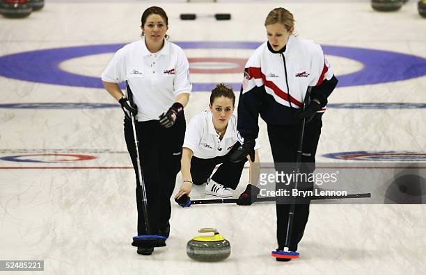 Maureen Brunt, Jessica Scultz and Cassie Johnson of the USA in action during the World Women's Curling Championship final between USA and Sweden at...
