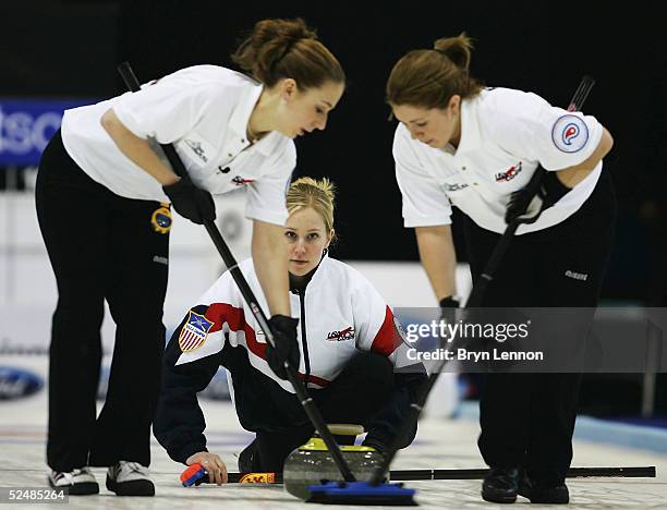 Maureen Brunt, Jessica Scultz and Cassie Johnson of the USA in action during the World Women's Curling Championship final between USA and Sweden at...