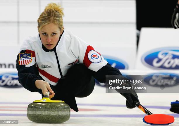 Cassie Johnson of the USA in action during the World Women's Curling Championship final between USA and Sweden at the Lagoon Leisure Centre in...
