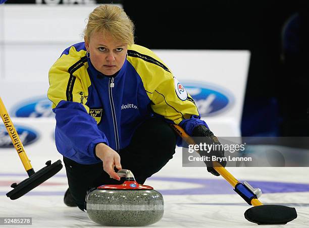 Anette Norberg of Sweden in action during the World Women's Curling Championship final between USA and Sweden at the Lagoon Leisure Centre in Paisley...