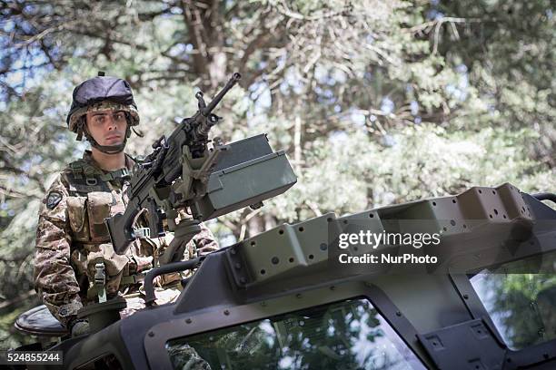 An Alpino during the 88th edition of the Alpini meeting, in L'Aquila, on May 14, 2015. The Alpini are an elite mountain welfare military corps of the...