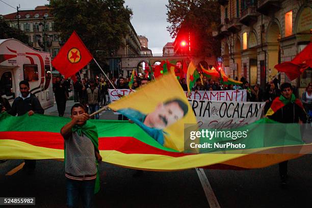 Thousands march through Turin, Italy on October 13, 2015 during a demonstration against the deadly attacks in Ankara and against Turikish President...