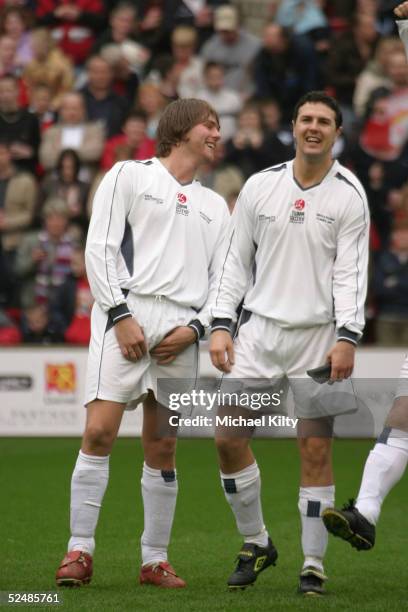 Brian McFadden and Patrick McGuiness take part in the "Liverpool Legends v Celebrity XI" Tsunami Fundraiser football match at Anfield football ground...