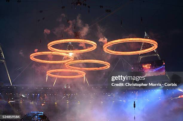 Olympic Rings are lit during Opening Ceremonies for The 2012 London Olympic Games at Olympic Stadium, London.