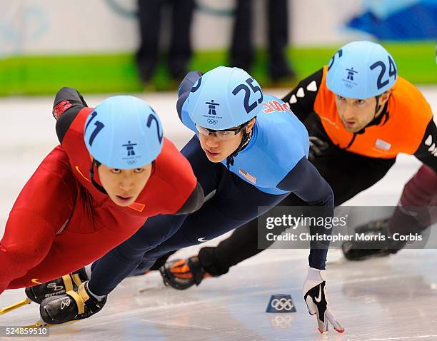 S J.R. Celski during the semi-finals of the men's 1500 meter, en-route to winning a bronze medal in short track speed skating at Pacific Coliseum on...
