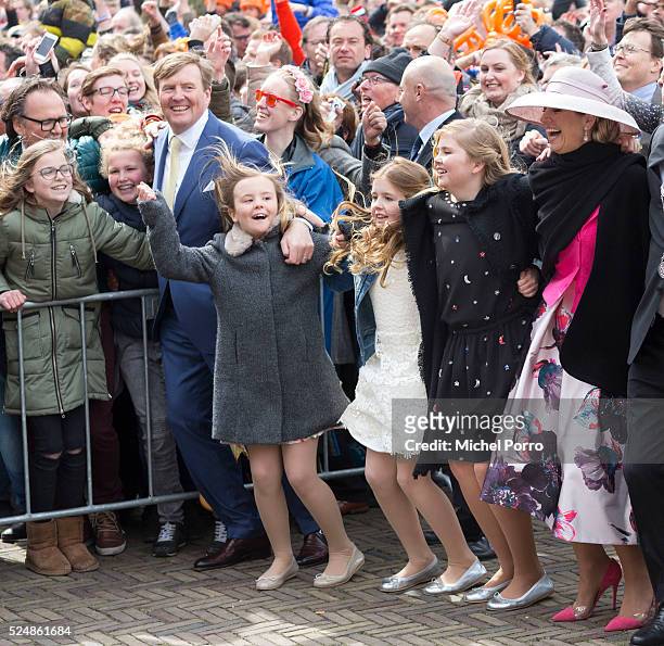 King Willem-Alexander, Princess Ariane, Princess Alexia, Princess Catharina-Amalia and Queen Maxima of The Netherlands dance during celebrations...