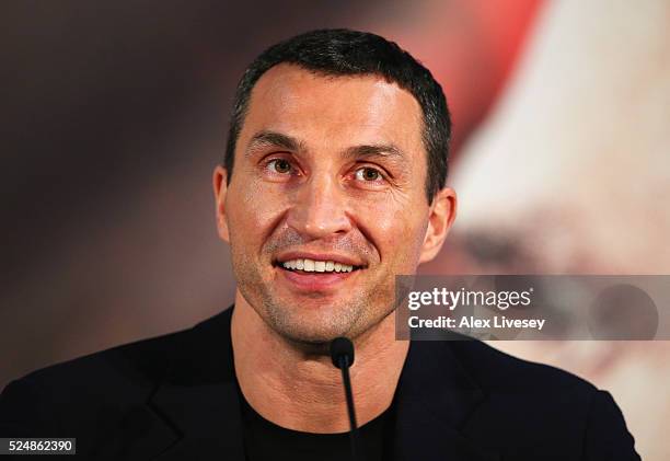 Wladimir Klitschko speaks during Tyson Fury and Wladimir Klitschko head to head press conference at Manchester Arena on April 27, 2016 in Manchester,...