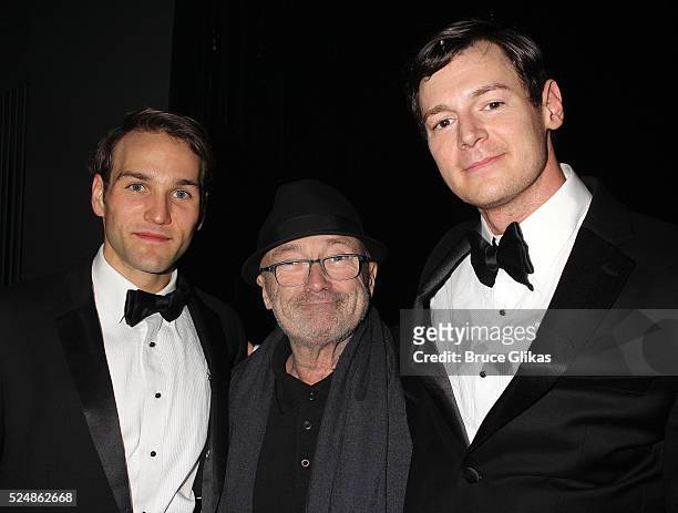 Drew Moerlein, Phil Collins and Benjamin Walker pose backstage at the hit musical based on the cult film "American Psycho" on Broadway at The...