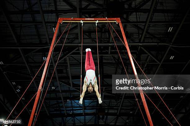 Daniel Corral Barron of Mexico on the rings during the men's all around artistic gymnastics team final and qualifications competition at the 2015...