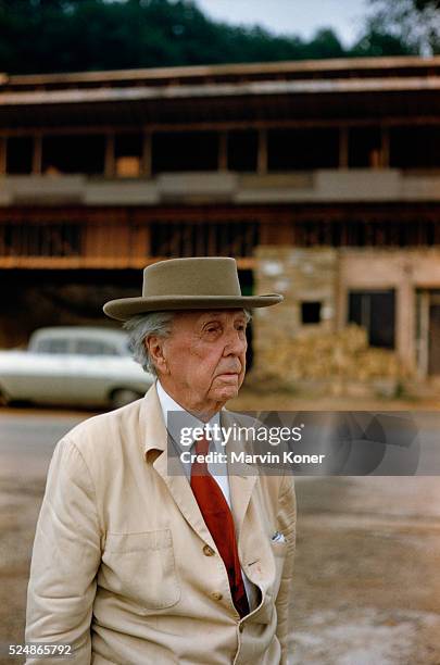 American architect Frank Lloyd Wright outside Taliesin, his school and studio near Spring Green, Wisconsin, circa 1940.