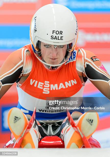 World Cup women's luge, in Whistler, Canada: Jordan Smith, of Canada, in the start gate, prior to her first run.