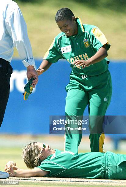 Ashlyn Kilowan and Charlize van der Westhuizen celebrates the wicket of Lisa Keightley during the Womens Cricket World Cup match between South Africa...