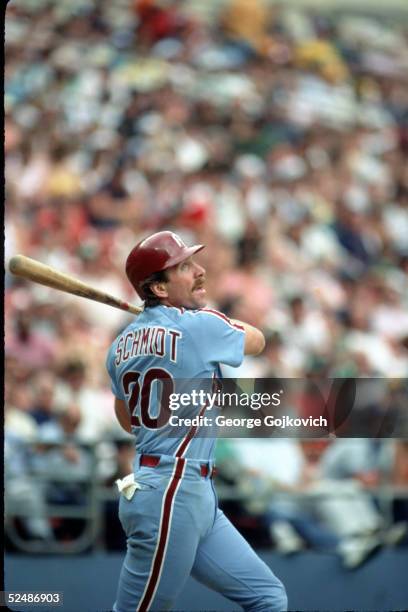 Third baseman Mike Schmidt of the Philadelphia Phillies bats against the Pittsburgh Pirates at Three Rivers Stadium in June 1984 in Pittsburgh,...