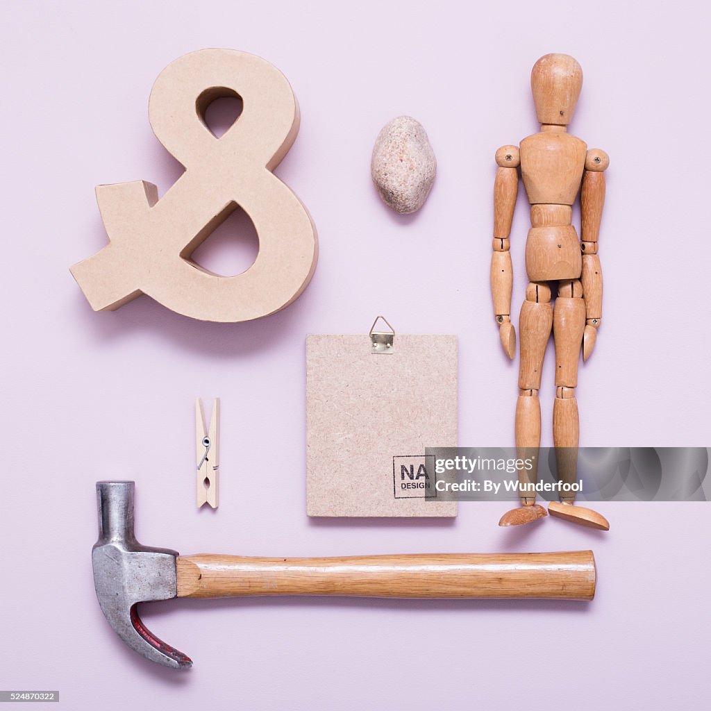 Objects Above Collage Of Wooden Objects Seen From Above On A Pink Background High-Res ...