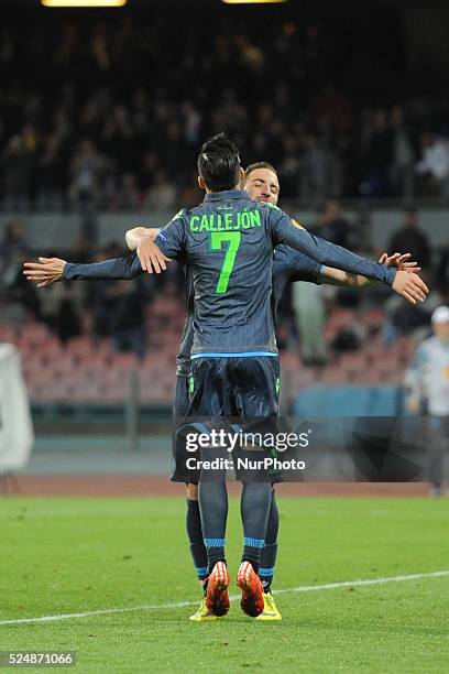 Jose Callejon celebrates after scoring during UEFA Europa League quarter final second leg football match SSC Napoli vs VFL Wolfsburg Football /...