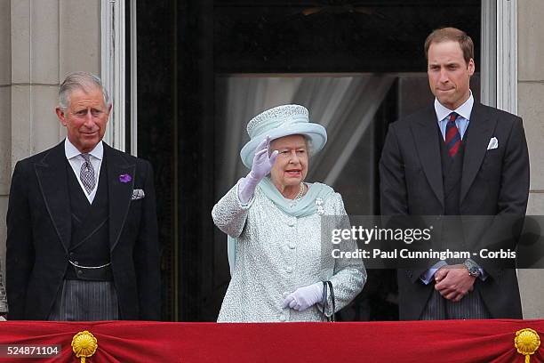 Queen Elizabeth II with the future kings - Prince Charles and Prince William on the balcony of Buckingham Palace to commemorate the 60th anniversary...