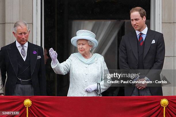 Queen Elizabeth II with future kings - Prince Charles and Prince William on the balcony of Buckingham Palace to commemorate the 60th anniversary of...