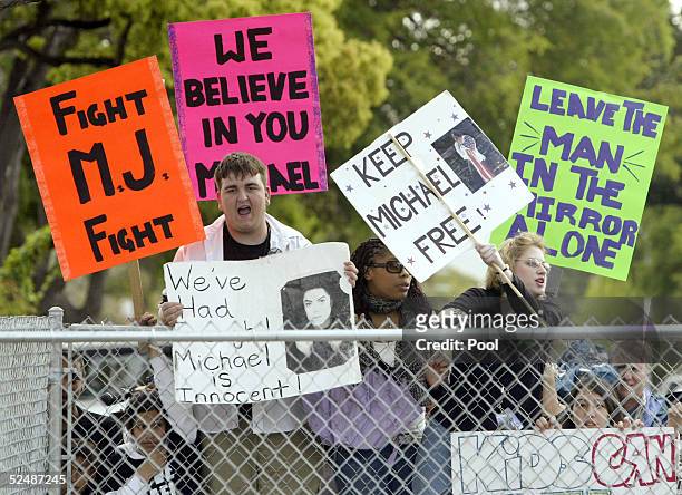 Fans of Michael Jackson yell out in front of Santa Barbara county courts as testimony continues in Jackson's child molestation trial March 28, 2005...