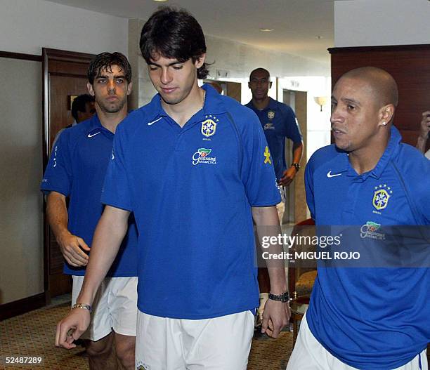 Brazilian players Juninho Pernambucano, Kaka and Roberto Carlos arrive to a press conference at the hotel in Montevideo, 28 March 2005. Brazil faces...