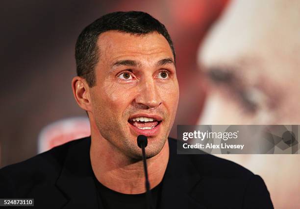 Wladimir Klitschko speaks during Tyson Fury and Wladimir Klitschko head to head press conference at Manchester Arena on April 27, 2016 in Manchester,...