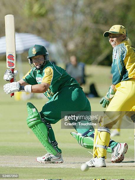 Alison Hodgkinson of South Africa hits out during the International Womens Cricket World Cup match between South Africa and Australia at the L.C Oval...