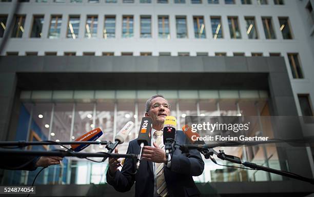 Matthias Platzeck, chairman of KFK, speaks to the media after a press conference of the 'Commission for review the financing of the nuclear...