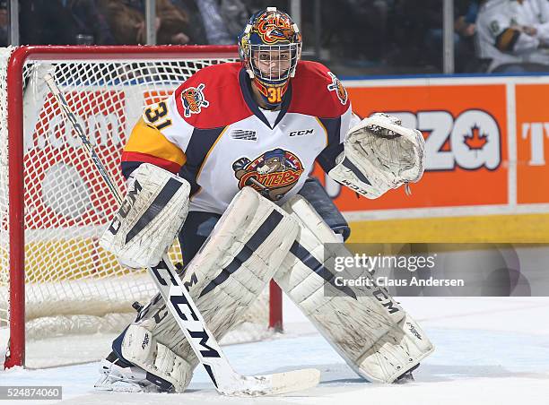 Devin Williams of the Erie Otters gets set to face a shot against the London Knights in Game Three of the OHL Western Conference Final on April 26,...