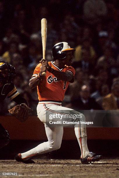 Outfielder Al Bumbry of the Baltimore Orioles swings at the pitch during the World Series game in October 1979 against the Pittsburgh Pirates at...