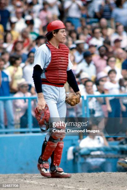 Catcher Carlton Fisk of the Boston Red Sox steps out in front of home plate during a1978 season game against the Cleveland Indians at Municipal...