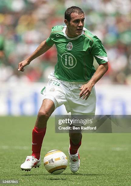Cuauhtemoc Blanco of Mexico looks to make a play during the 2006 World Cup qualifing match between Mexico and the USA at The Azteca Stadium on March...