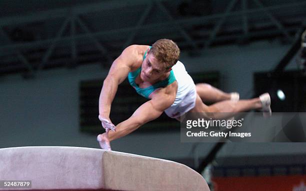 Philip Olivier of the boys participates in the vault event on day four of the new series of the reality TV show The Games, at the English Institute...