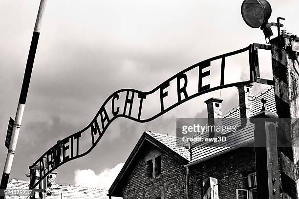 gates to auschwitz birkenau concentration camp - auschwitz bildbanksfoton och bilder