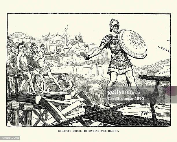 ancient rome - horatius cocles defending the bridge - roman warrior stock illustrations