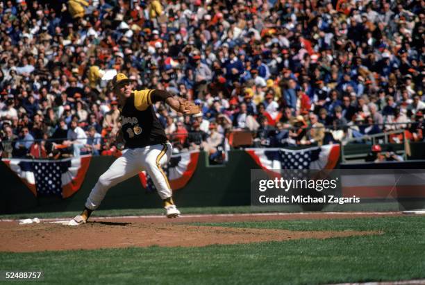 Gaylord Perry of the San Diego Padres pitches against the San Francisco Giants during a game in April 1979 at Candlestick Park in San Francisco,...