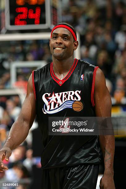 Chris Webber of the Philadelphia 76ers in his first game against the Sacramento Kings at ARCO arena on March 28 at Arco Arena in Sacramento,...