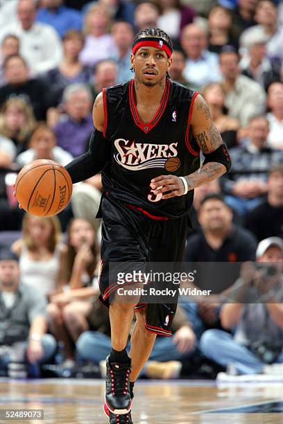 Allen Iverson of the Philadelphia 76ers brings the ball up the court against the Sacramento Kings on March 28 at Arco Arena in Sacramento,...