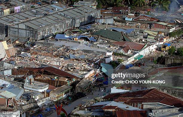 An overview of buildings damaged by an earthquake in the area of Gunungsitoli, the capital city of Nias island, in North Sumatra, 29 March 2005. The...