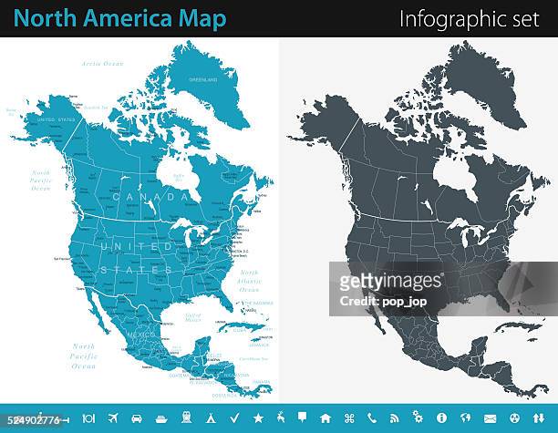 ilustrações de stock, clip art, desenhos animados e ícones de américa do norte mapa-infográfico conjunto - the americas