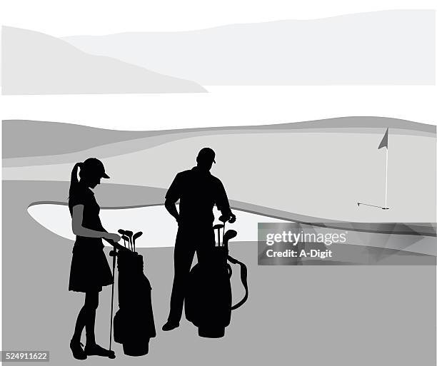 husband and wife golfing - couple choosing stock illustrations