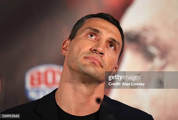 Wladimir Klitschko looks on during a press conference ahead of his fight with Tyson Fury at the Manchester Arena on April 27, 2016 in Manchester,...