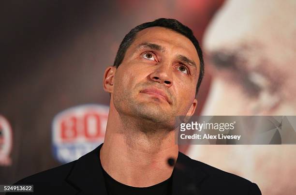 Wladimir Klitschko looks on during a press conference ahead of his fight with Tyson Fury at the Manchester Arena on April 27, 2016 in Manchester,...