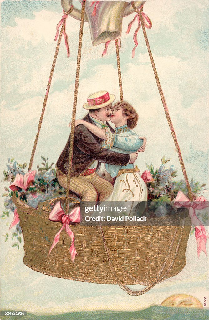 Postcard with Couple Kissing in Hot Air Balloon