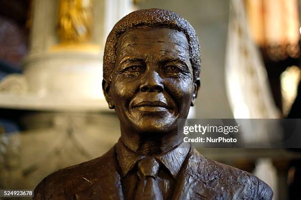 Portrait of Nelson Mandela during a catholic ceremony in Madrid, Spain, Tuesday, Dec. 10, 2013. The South African Embassy in Madrid has organized a...