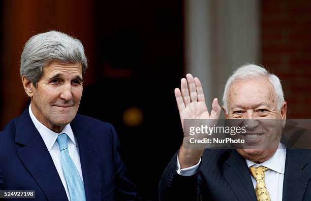 The US Secretary of State John Kerry and Spanish Minister Jose Manuel Garcia Margallo during his visit to Spain at Moncloa Palace in Madrid on...
