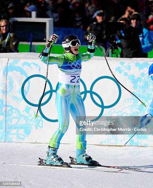 Slovenia's Tina Maze celebrates her silver medal winning run in the ladies super G alpine race at Whistler on day 9 of the Vancouver 2010 Olympic...