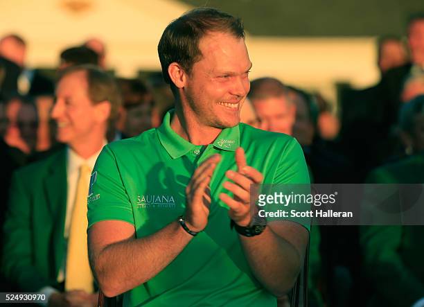 Danny Willett of England celebrates his victory after the final round of the 2016 Masters Tournament at the Augusta National Golf Club on April 10,...