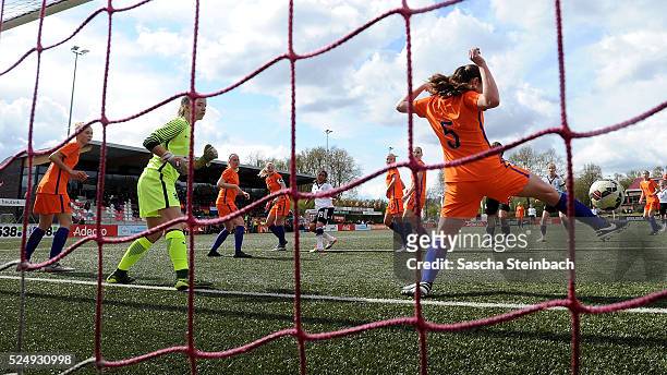 Gia Corley of Germany misses a chance at goal from a header as Jasmijn Dijsselhof of Netherlands clears the ball on the line during the U17 Girl's...