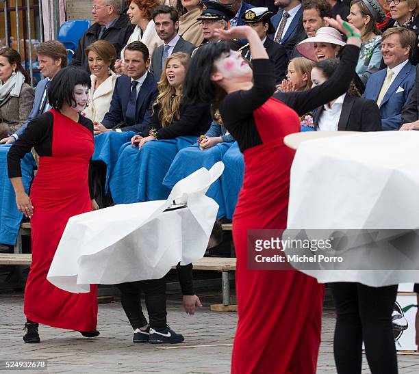 Princess Catharina-Amalia, Princess Alexia, Princess Ariane, Queen Maxima and King Willem-Alexander of The Netherlands watch a performance during...