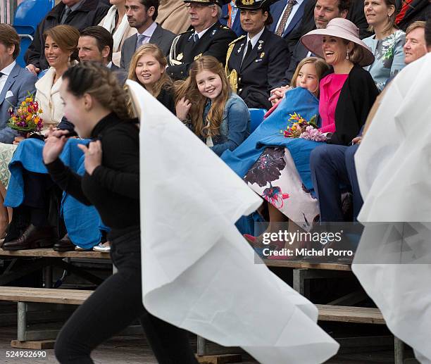 Princess Catharina-Amalia, Princess Alexia, Princess Ariane, Queen Maxima and King Willem-Alexander of The Netherlands watch a performance during...